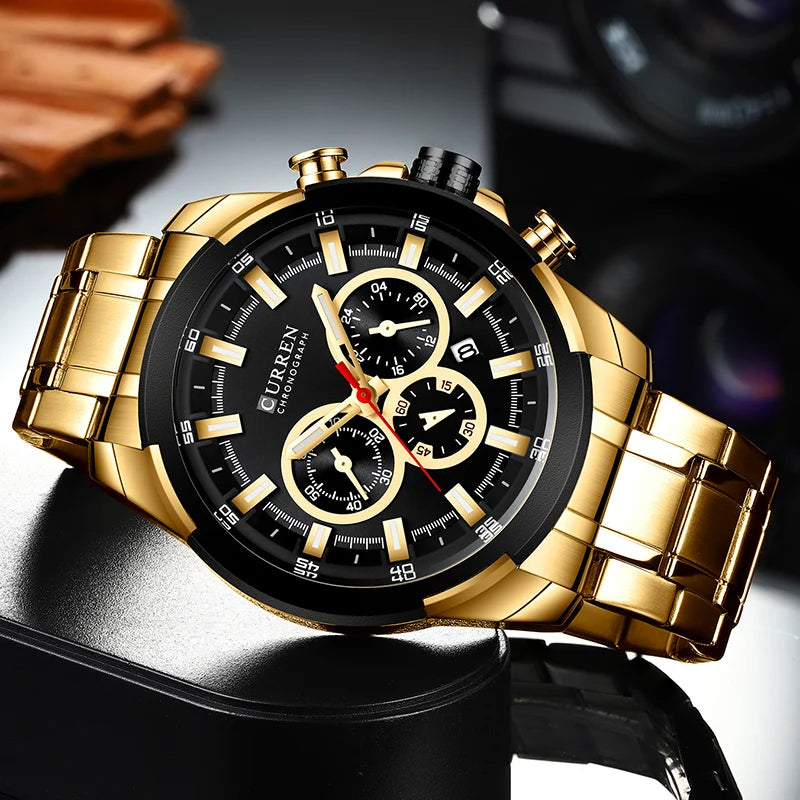 Relógio Masculino de Luxo Dourado em aço Inoxidável - Curren