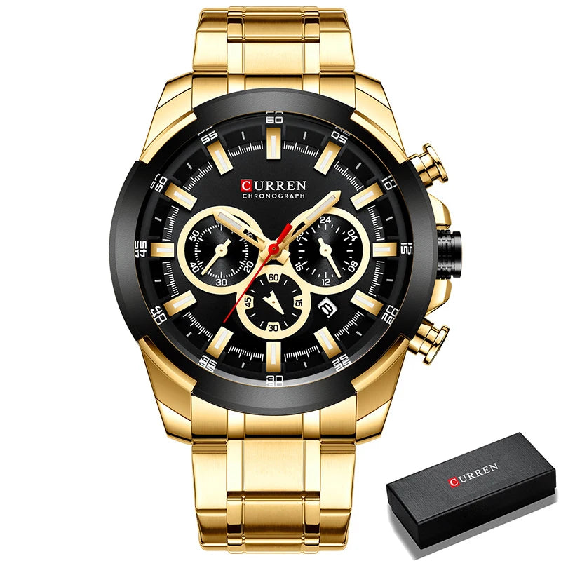 Relógio Masculino de Luxo Dourado em aço Inoxidável - Curren
