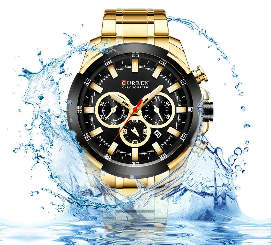 Relógio Masculino de Luxo Dourado em aço Inoxidável - Curren