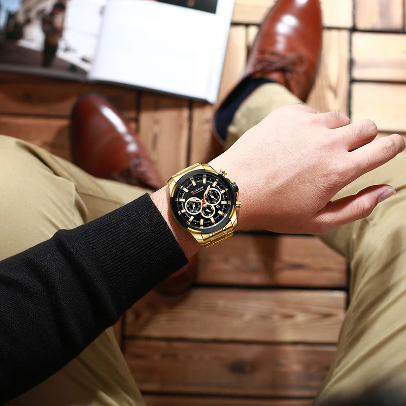 Relógio Masculino de Luxo Dourado em aço Inoxidável - Curren