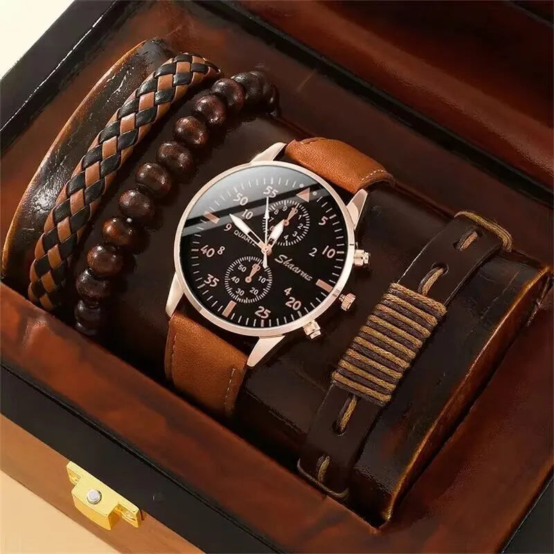 Relógio Masculino de Quartzo Pulseira de Couro Marrom + Brinde