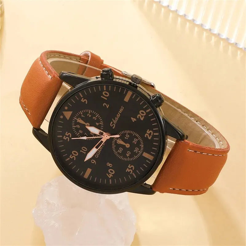 Relógio Masculino de Quartzo Pulseira de Couro Marrom + Brinde
