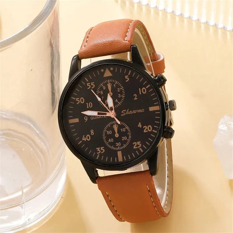 Relógio Masculino de Quartzo Pulseira de Couro Marrom + Brinde