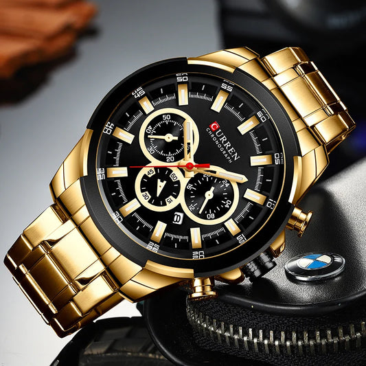 Relógio Masculino de Luxo Dourado em aço Inoxidável - Curren
