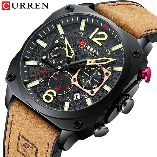 Relógio Masculino Corren com Pulseira de Couro de Quartzo com Cronógrafo Luminoso