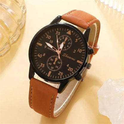 Relógio Masculino de Quartzo Pulseira de Couro Marrom + Brinde