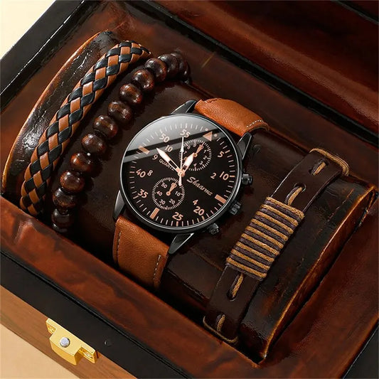 Relógio Masculino de Quartzo Pulseira de Couro Marrom + Brinde