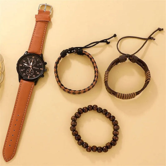 Relógio Masculino de Quartzo Pulseira de Couro Marrom + Brinde